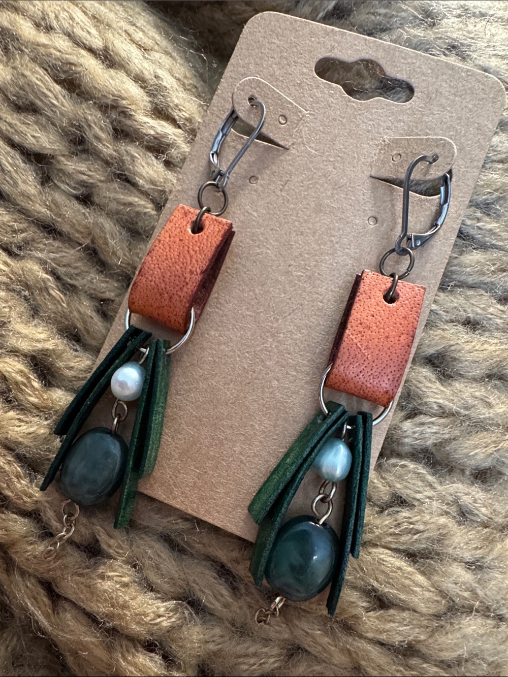 Handmade Brown and Green Genuine Leather Drop Earrings with Pearl Accents